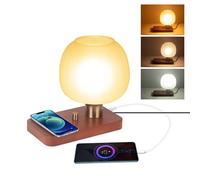 lianheng Lampada da comodino con stazione di ricarica, piccola luce notturna con porta USB, pallet in legno marrone coperchio in vetro lampada da tavolo