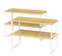 LIANTRAL Confezione da 4 organizer per credenze da cucina, in metallo e legno, espandibili e impilabili, per armadio, piano di lavoro, dispensa, larghezza 39,6 cm, naturale e bianco