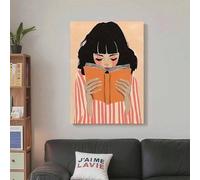 lianyibo 1 pezzo di stampa su tela raffigurante una donna che legge, con camicetta a righe e poster di un libro - Decorazione murale moderna e minimalista per la casa (60x90 cm/cornice interna)
