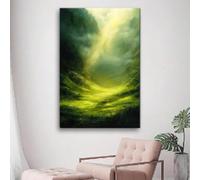 lianyibo 1 pezzo di tela mistica con paesaggio verde arte murale foresta eterea valle con luce brillante opera d'arte moderna sulla natura decorazione per la stanza cornice 30x40 cm