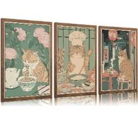 lianyibo 3 pezzi di simpatici e divertenti gatti giapponesi Ramen su tela, gatti soriani che mangiano noodles, poster, stampe, dipinti, decorazioni da parete, 80x120 cm, cornice x 3