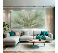 lianyibo Arte murale astratta Disegno verde e oro Dipinto a olio Piante fiorite Grande quadro Soggiorno Camera da letto Cucina Ufficio 70x140cm Senza cornice