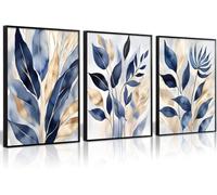 lianyibo Blue Botanical Wall Art Abstract Leaf Minimalist Botanical Painting Blue Gold Leaves Canvas Prints for Living Room(80x120cmx3/Inner frame)