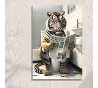 lianyibo Divertente poster da parete per bagno con tigre seduta sul water che legge un giornale, poster su tela, decorazione per bagno (50x75 cm/cornice interna)