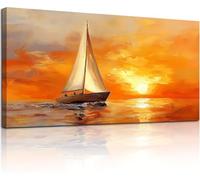 lianyibo Grande quadro su tela raffigurante una barca a vela, un tramonto sull'oceano, stampe di paesaggi nautici, decorazioni estetiche arancioni (75x150 cm/cornice interna)