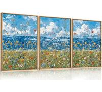 lianyibo Grande tela da parete con fiori selvatici blu sul mare, decorazione moderna da parete con oceano e natura, stampa rustica del cielo per soggiorno (70x100cmx3/cornice interna)
