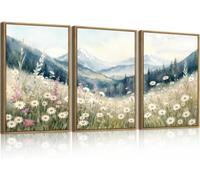 lianyibo Large Misty Spring Daisy Mountain Canvas Wall Art Neutral Flower Forest Landscape Wall Decor, for Living Room Office(70x100cmx3/Inner frame)