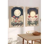 lianyibo pezzi Boho The Moon And The Sun Tarot Card Art Prints Poster Canvas, Lotus Celestial Art Camera da letto Soggiorno Decor (80x120 cm x2/cornice interna)