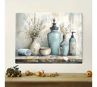 lianyibo pezzo di stampa su tela di arte murale rustica da fattoria con vasi e bottiglie blu su sfondo in legno invecchiato per soggiorno (60x90 cm/cornice interna)