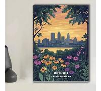 lianyibo Poster murale di Detroit, Michigan Skyline, stampa floreale retrò, città, tramonto di Detroit, fiori selvatici, scena urbana, decorazione (30x40 cm/cornice interna)