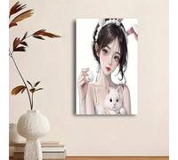 lianyibo poster premium stampato - Ragazza che tiene in braccio un gatto bianco, moderna decorazione murale per soggiorno, ufficio, biblioteca (50x75 cm/cornice interna)