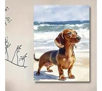 lianyibo Quadro su tela raffigurante un bassotto sulla spiaggia, poster decorativo in stile acquerello per soggiorno, camera da letto o ufficio (40x60 cm/cornice interna)