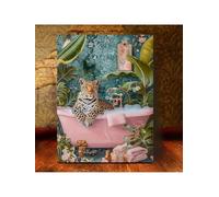 lianyibo Stampa artistica da parete con ghepardo bohémien e vasca da bagno - Con vasca rosa, fogliame verde e accenti floreali - Decorazione per soggiorno (70x110 cm/cornice interna)