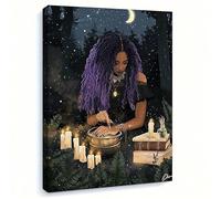 lianyibo Stampa su tela di una strega africana con capelli ricci viola in una scena notturna nella foresta mistica, decorazione per il soggiorno (30x40 cm/cornice interna)