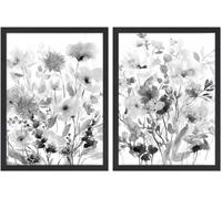 lianyibo Stampe su tela botaniche, quadri di fiori selvatici in bianco e nero, dipinti floreali rustici, decorazioni per il bagno e il soggiorno (70x90cmx2/cornice interna)