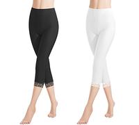 Libella 2er Pack Donna Leggings 3/4 Pantaloni con Pizzo Pantaloni Capri in Cotone con Vita Alta Pantaloni Fitness Slim Colorati Bianco Nero M 4166