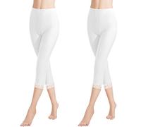 Libella 2er Pack Donna Leggings 3/4 Pantaloni con Pizzo Pantaloni Capri in Cotone con Vita Alta Pantaloni Fitness Slim Colorati Bianco M 4166