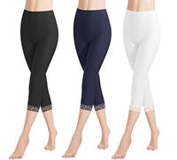 Libella 3er Pack Donna Leggings 3/4 Pantaloni con Pizzo Pantaloni Capri in Cotone con Vita Alta Pantaloni Fitness Slim Colorati Bianco Nero Blu Scuro L 4166