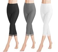 Libella 3er Pack Donna Leggings 3/4 Pantaloni con Pizzo Pantaloni Capri in Cotone con Vita Alta Pantaloni Fitness Slim Colorati Bianco Nero Grigio L 4166