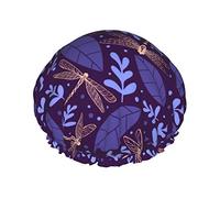 Libellula con piante Cuffia da doccia Donna Cappucci per capelli lunghi riutilizzabili con fascia elastica Cappello da doccia a doppio strato per adulti Bambini