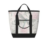 Libellula Shabby Chic Rose Vecchio Vintage Floreale,Borsa porta pranzo grande capacità isolata per donne e uomini, lavoro, picnic, viaggi