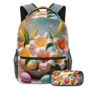 Libera il tuo potenziale con il set di 2 zaini, zaino grande capacità e astuccio combinato, belle uova pasquali gigli, Multicolore, B：29.4x20x40cm P：19x7.5x3.8cm, Zaini Daypack