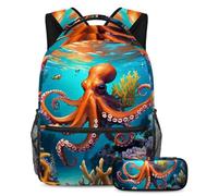 Libera il tuo potenziale con il set di 2 zaini, zaino grande capacità e astuccio combinato, simpatico polpo, Multicolore, B：29.4x20x40cm P：19x7.5x3.8cm, Zaini Daypack