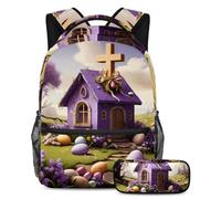 Libera il tuo stile con il set di 2 zaini, zaino grande capacità e astuccio combinato, casa con croce pasquale viola, Multicolore, B：29.4x20x40cm P：19x7.5x3.8cm, Zaini Daypack