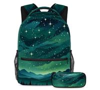 Libera il tuo stile con il set di 2 zaini, zaino grande capacità e astuccio combinato, cielo stellato verde, Multicolore, B：29.4x20x40cm P：19x7.5x3.8cm, Zaini Daypack