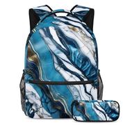 Libera il tuo stile, set di 2 zaini per la scuola per ragazzi, ragazze e adolescenti, borsa da viaggio alla moda, motivo marmo blu, Multicolore, B:29.4x20x40cm P:19x7.5x3.8cm, Zaini Daypack