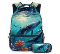 Libera il tuo stile, set di 2 zaini per la scuola per ragazzi, ragazze e adolescenti, borsa da viaggio alla moda, graziosa balena, Multicolore, B：29.4x20x40cm P：19x7.5x3.8cm, Zaini Daypack