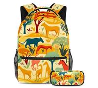 Libera il tuo stile, set di 2 zaini per la scuola per ragazzi, ragazze e adolescenti, borsa da viaggio alla moda, silhouette di animali gialli, Multicolore, B：29.4x20x40cm P：19x7.5x3.8cm, Zaini