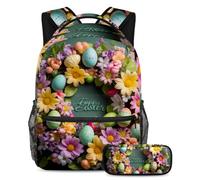 Libera la tua creatività, set di 2 zaini per la scuola con astuccio, ideale per studenti in viaggio, ghirlanda verde Happy Easter, Multicolore, B:29.4x20x40cm P:19x7.5x3.8cm, Zaini Daypack