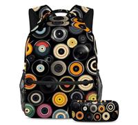 Libera la tua creatività, set di 2 zaini per la scuola con astuccio, ideale per studenti in viaggio, motivo dischi neri, Multicolore, B:29.4x20x40cm P:19x7.5x3.8cm, Zaini Daypack