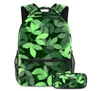 Libera la tua creatività, set di 2 zaini per la scuola con astuccio, ideale per studenti in viaggio, motivo foglie verdi, Multicolore, B:29.4x20x40cm P:19x7.5x3.8cm, Zaini Daypack