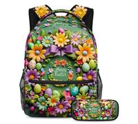 Libera la tua creatività, zaino con astuccio, set da 2 pezzi, essenziale per ragazzi, ragazze, adolescenti e studenti, ghirlanda verde di buona Pasqua, Multicolore, B:29.4x20x40cm P:19x7.5x3.8cm,
