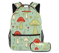 Libera la tua creatività, zaino con astuccio, set di zaini per la scuola tutto in uno per ragazzi ragazze adolescenti, motivo fungo verde, Multicolore, B:29.4x20x40cm P:19x7.5x3.8cm, Zaini Daypack