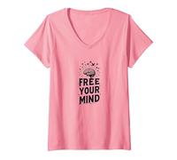 Libera la Tua Mente Cervello Uccelli Inspirational Maglietta con Collo a V, Donna, Rosa, M