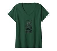 Libera la Tua Mente Cervello Uccelli Inspirational Maglietta con Collo a V, Donna, Verde Foresta, XL