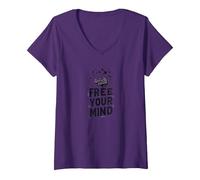 Libera la Tua Mente Cervello Uccelli Inspirational Maglietta con Collo a V, Donna, Viola, L
