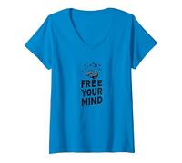 Libera la Tua Mente Cervello Uccelli Inspirational Maglietta con Collo a V, Donna, Zaffiro, XL