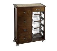 Liberoshopping Carrello cucina cassettiera OTELIA in legno di faggio con 4 cassetti, 4 cesti portafrutta in acciaio, ruote piroettanti e piano con mattonelle in ceramica - Made in Italy (Noce)