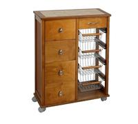 Liberoshopping Carrello cucina cassettiera OTELIA in legno di faggio con 4 cassetti, 4 cesti portafrutta in acciaio, ruote piroettanti e piano con mattonelle in ceramica - Made in Italy (Rovere)