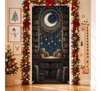 Library Crescent Moon Study Bookshelf Vintage Door Covers 91,4 x 182,9 cm | Finestra a mezzaluna, sfondo porta d'ingresso, pile di libri vintage, atmosfera biblioteca, arredamento intellettuale