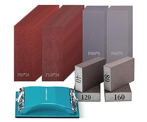 LIBRATON 65 Pezzi Carta Abrasiva Secco e Umido Carta Vetrata Grinta | 80 a 600 Assortimento con Spugne Abrasive da 40/80/120/160 Grana Levigatrice Manuale per Levigatura Metalli Falegnameria ecc
