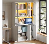 Libreria 100 × 35 × 200 cm con ante in vetro, scaffale bianco con vetrina, scomparto aperto e 3 ante, armadietto per raccoglitori e libri