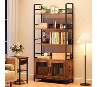 Libreria a 3 strati in legno di ferro e griglia in ferro con porta armadio, libreria con ante a 3 livelli, scaffali aperti e librerie rustiche, 180 x 80 x 30 cm