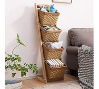 Libreria a 4 ripiani gialla con cestini in vimini, supporto verticale per giocattoli, cibo, snack e libri, decorativa e funzionale, 35,5 x 28 x 122 cm