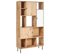 Libreria a 5 piani in legno chiaro con 11 scaffali e ante bianche Amos