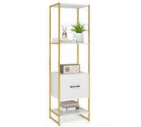 Libreria a 5 ripiani, alta e stretta, libreria autoportante in metallo con cassetto, elegante contenitore, doppio kit anti-ribaltamento, espositore moderno bianco e oro